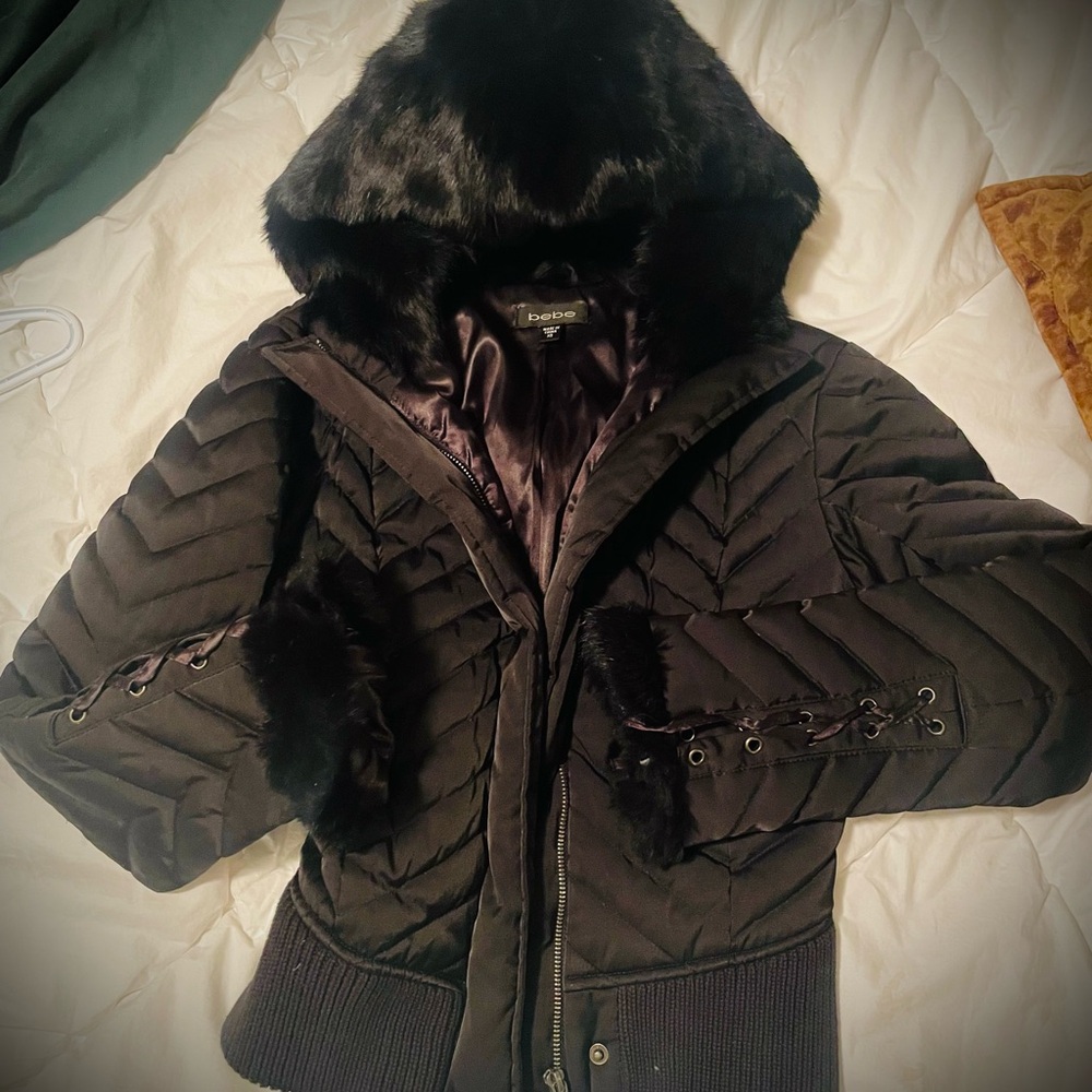 bebe Black Puffer Jacket with rabbit Fur Hood - Picture 2 of 4